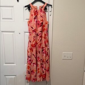 Adrianna Papell Peach Pink Floral Halter Midi Dress